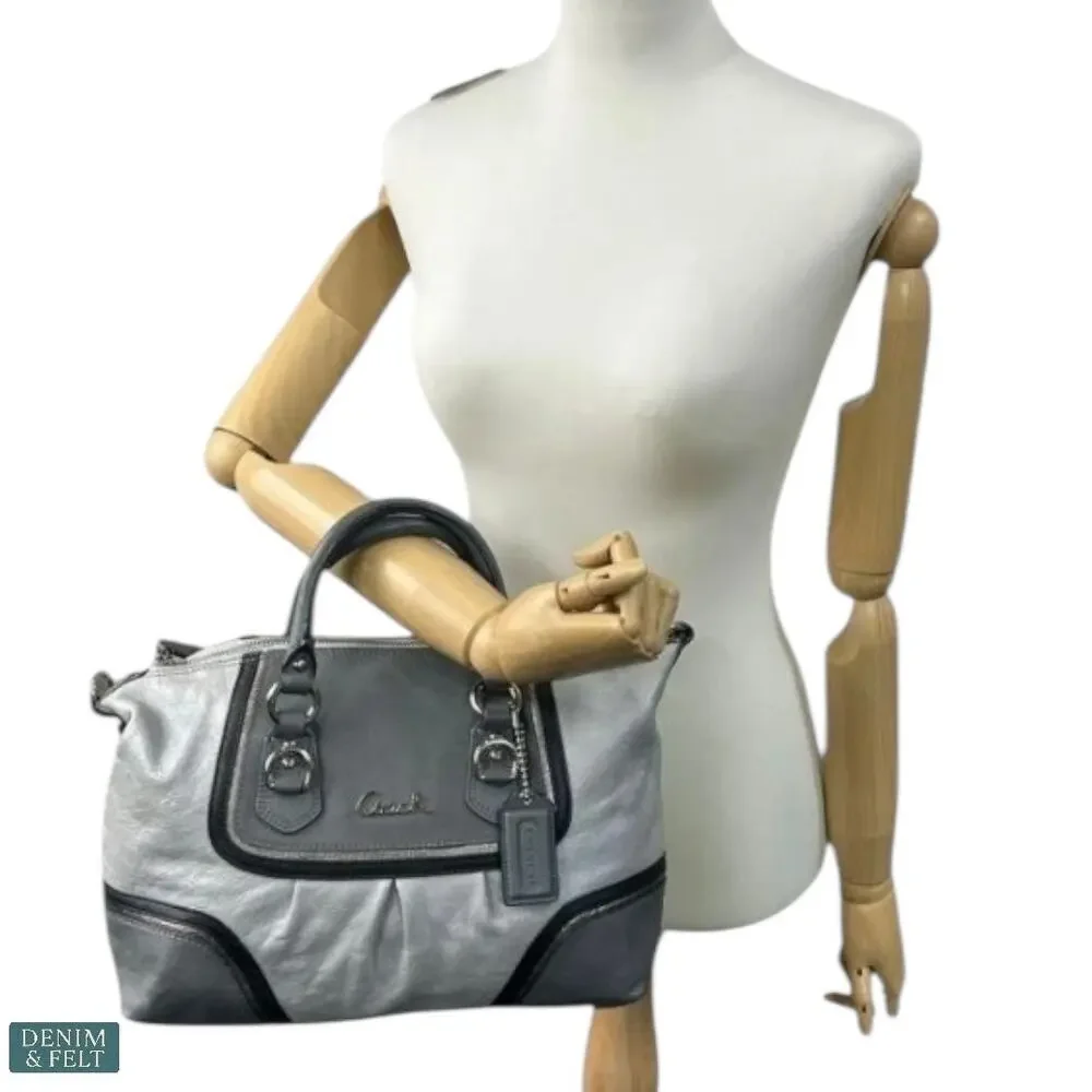 Coach Leather‎ Satchel Gray & Black Tote Bag with Pink Lining & Top Handles